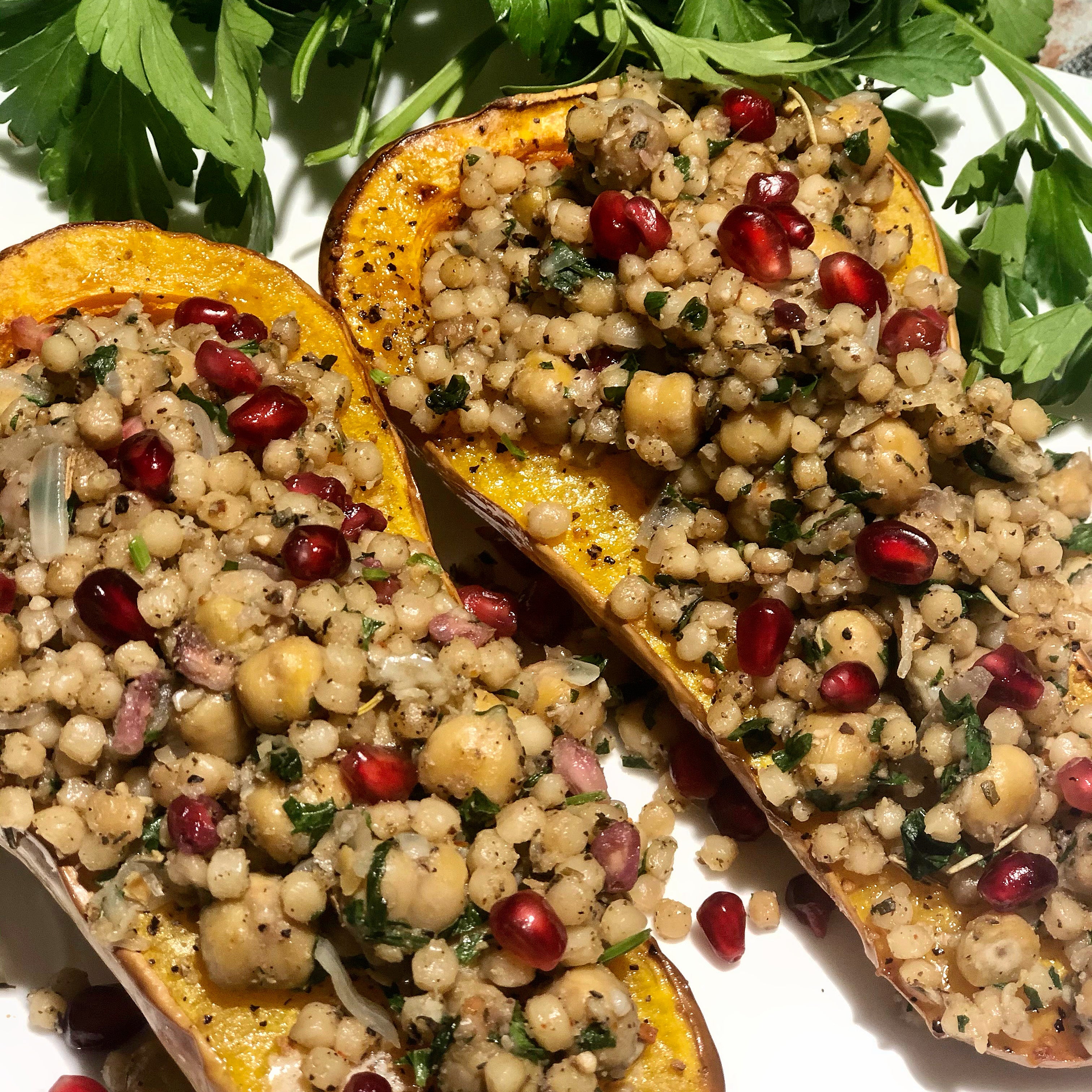 Winter Squash Topped with Couscous & Garbanzo Beans